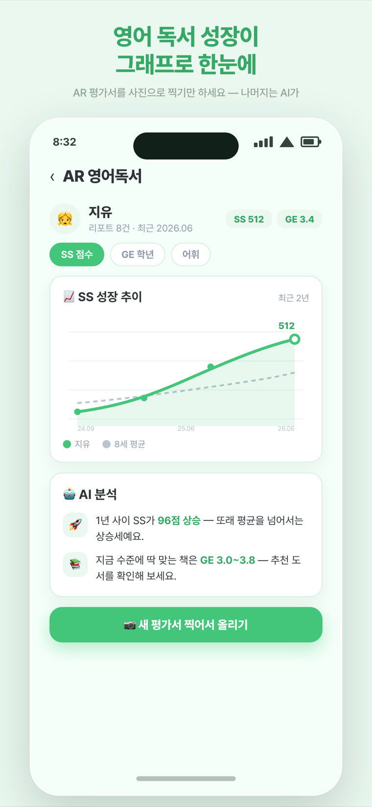 AR 영어독서 리포트 — 평가서를 사진으로 찍으면 성장 그래프와 AI 분석까지