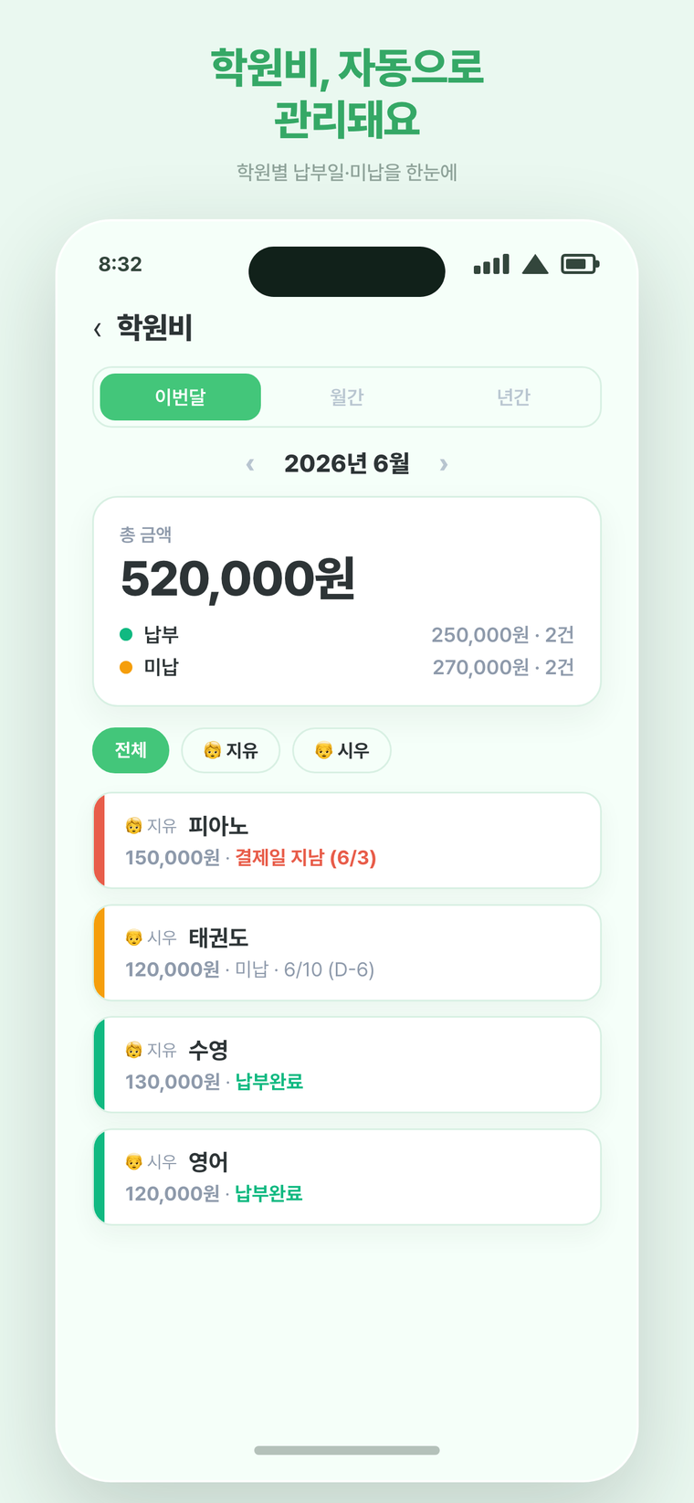학원별 납부일과 미납을 한눈에 관리